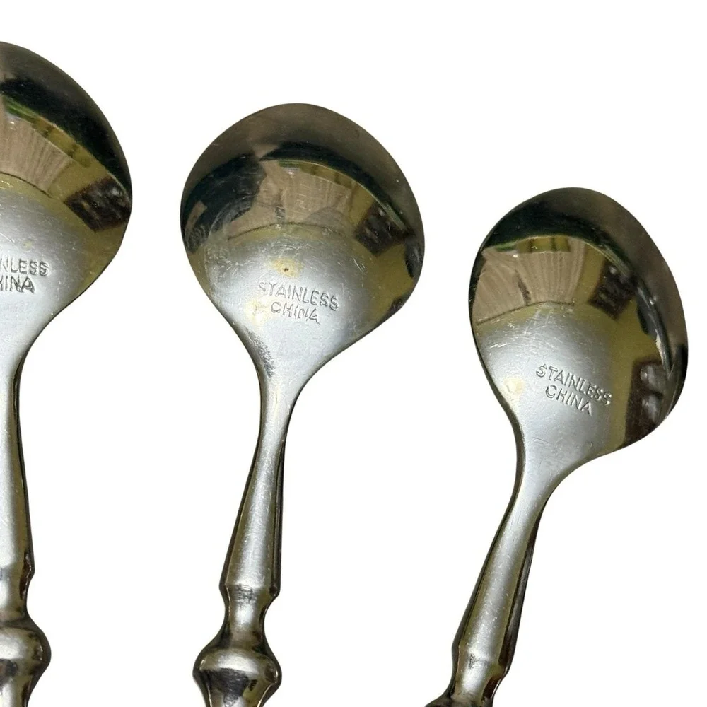 Set 7 Stainless Steel Teaspoons Green Rivet Handle Flatware Vintage